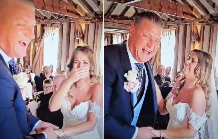 Una pareja que hace sus votos matrimoniales se ríe cuando el novio se equivoca. (Captura de pantalla/Noticias)