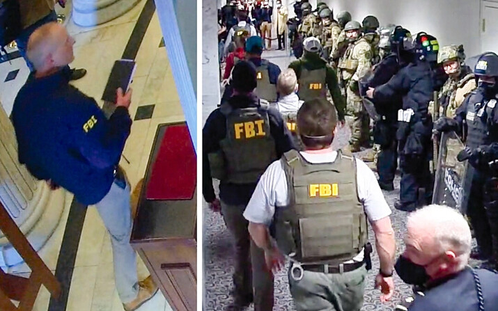 Un agente especial del FBI (izq.) responde al ataque a Ashli Babbitt en el Capitolio de Estados Unidos. (Der.) Agentes del FBI escoltan a los senadores desde el Hart Senate Office Building hasta el Capitolio, el 6 de enero de 2021. (Policía del Capitolio de EE.UU./Gráfico de The Epoch Times)
