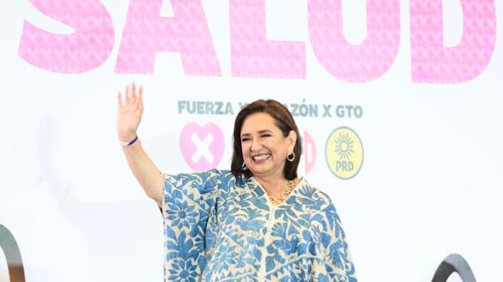 La candidata presidencial, Xóchitl Gálvez, durante la presentación de su plan de salud el 6 de mayo de 2024, en Celaya, Guanajuato. (Campaña: Xóchitl Gálvez)