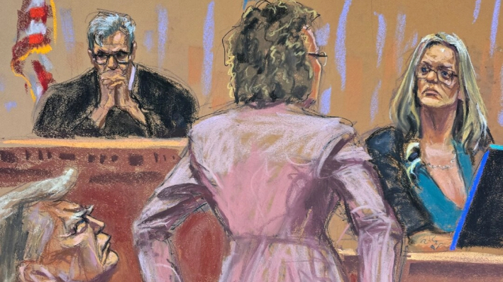 Boceto de la sala del tribunal que muestra al expresidente Donald Trump observando cómo Stormy Daniels es interrogada por la abogada defensora Susan Necheles durante su juicio por falsificación de registros comerciales en Nueva York, el 9 de mayo de 2024. (Reuters/Jane Rosenberg)