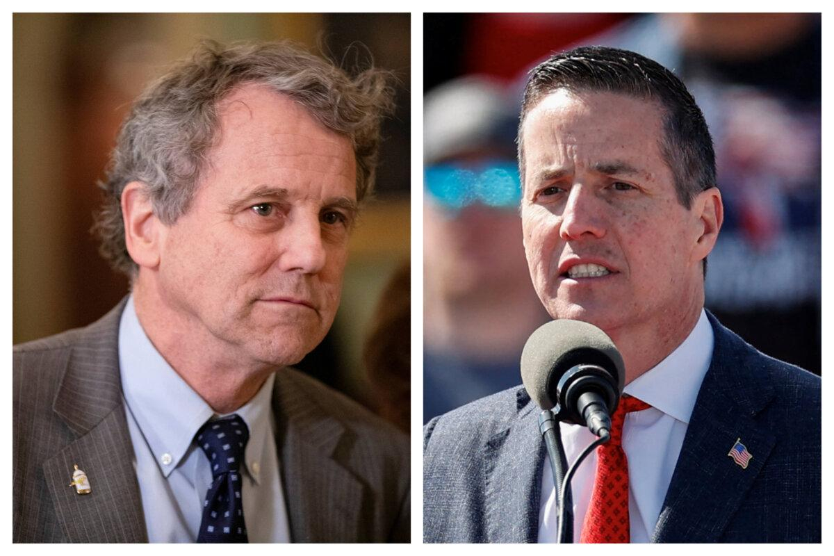 (Izquierda) Senador Sherrod Brown (D-Ohio). (Derecha) Bernie Moreno, candidato al Senado. (Samuel Corum, Kamil Krzaczynski/AFP vía Getty Images)