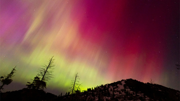 La aurora boreal llena el cielo de la estación de esquí de Bogus Basin en Boise, Idaho, el 11 de mayo de 2024. (Kyle Green/Foto AP)
