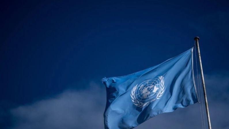 Una bandera de las Naciones Unidas ondea en la entrada principal del edificio Palais des Nations, que alberga la Oficina de las Naciones Unidas, en Ginebra, el 20 de octubre de 2023. (Foto de Fabrice Coffrini/AFP vía Getty Images)