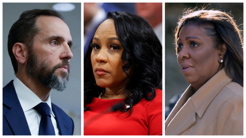 (I) El abogado especial Jack Smith el 1 de agosto de 2023 en Washington, DC. (Drew Angerer/Getty Images) (C) La fiscal de distrito del condado de Fulton, Fani Willis en Atlanta, Georgia. (ALEX SLITZ/POOL/AFP vía Getty Images) La fiscal general de Nueva York, Letitia James, el 08 de noviembre de 2023 en la ciudad de Nueva York. (Spencer Platt/Getty Images)