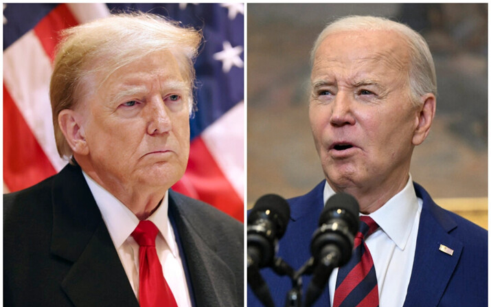 (Izquierda) El expresidente Donald Trump en Nueva York, el 25 de marzo de 2024. (Michael M. Santiago/Getty Images) (Derecha) El presidente Joe Biden en la Sala Roosevelt de la Casa Blanca, el 26 de marzo de 2024. (Pedro Ugarte/AFP vía Getty Images)
