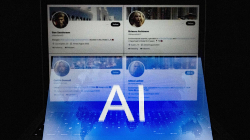 Un logotipo de IA mezclado con cuatro cuentas falsas de redes sociales con fotos de perfil aparentemente generadas por software de IA, tomadas en Helsinki, Finlandia, el 12 de junio de 2023. (Olivier Morin/AFP vía Getty Images)