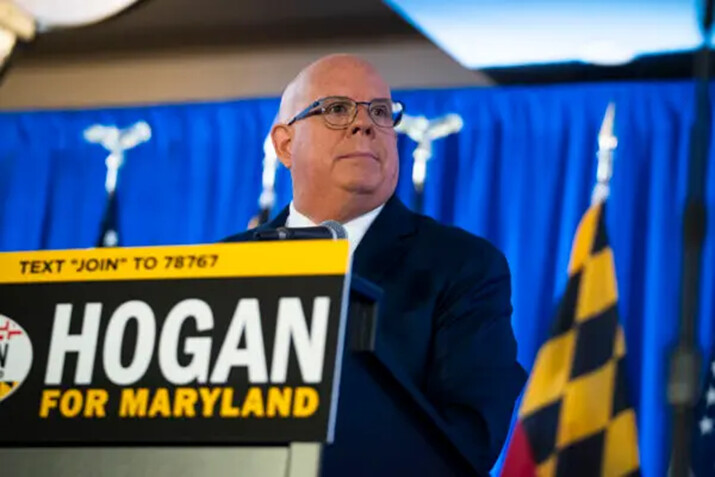 El exgobernador de Maryland, Larry Hogan, habla durante su fiesta de vigilancia después de ganar las elecciones primarias del Partido Republicano, en Annapolis, Maryland, el 14 de mayo de 2024. (Madalina Vasiliu/The Epoch Times)