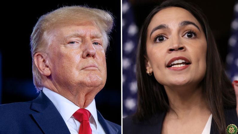 El ex presidente de los Estados Unidos, Donald Trump, se prepara para hablar en la Conferencia de Acción Política Conservadora (CPAC) celebrada en el Hilton Anatole el 6 de agosto de 2022 en Dallas, Texas. ( Brandon Bell/Getty Images) La representante de los Estados Unidos Alexandria Ocasio-Cortez (D-NY) habla durante una conferencia de prensa en el Capitolio de los Estados Unidos el 24 de mayo de 2023 en Washington, DC. El Caucus Progresista del Congreso (CPC) celebró una conferencia de prensa para discutir las negociaciones sobre el techo de la deuda. (Foto por Alex Wong/Getty Images)