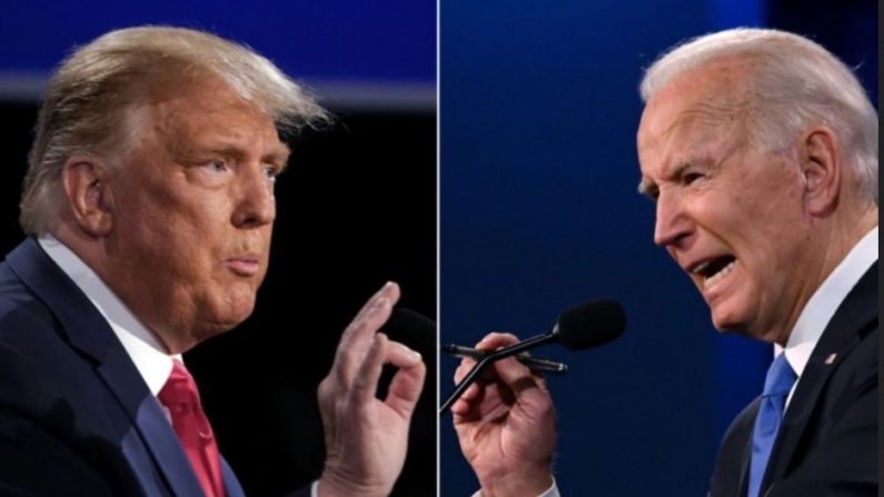 El expresidente Donald Trump (Iz) y el candidato presidencial demócrata Joe Biden durante el último debate presidencial en la Universidad de Belmont en Nashville, Tennessee, el 22 de octubre de 2020. (Brendan Smialowski y Jim Watson/AFP vía Getty Images)