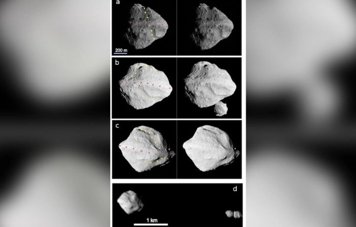 El asteroide Dinkinesh, habitante del cinturón de asteroides principal del sistema solar, en múltiples imágenes tomadas por el instrumento L'LORRI de la nave espacial Lucy de la NASA. (NASA/SwRI/Johns Hopkins APL/NOIRLab/Folleto vía Reuters)