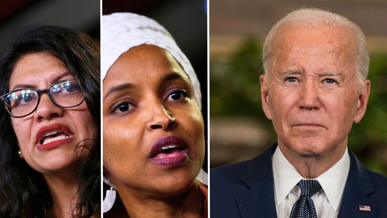 Imágenes de archivo: Izq. las Representantes Demócratas de los Estados Unidos Rashida Tlaib e  Ilhan Abdullahi Omar (BRENDAN SMIALOWSKI/AFP vía Getty Images)Der. El presidente Joe Biden pronuncia comentarios en una conferencia de prensa en la Finca Filoli el 15 de noviembre de 2023 en Woodside, California. (Kent Nishimura/Getty Images)