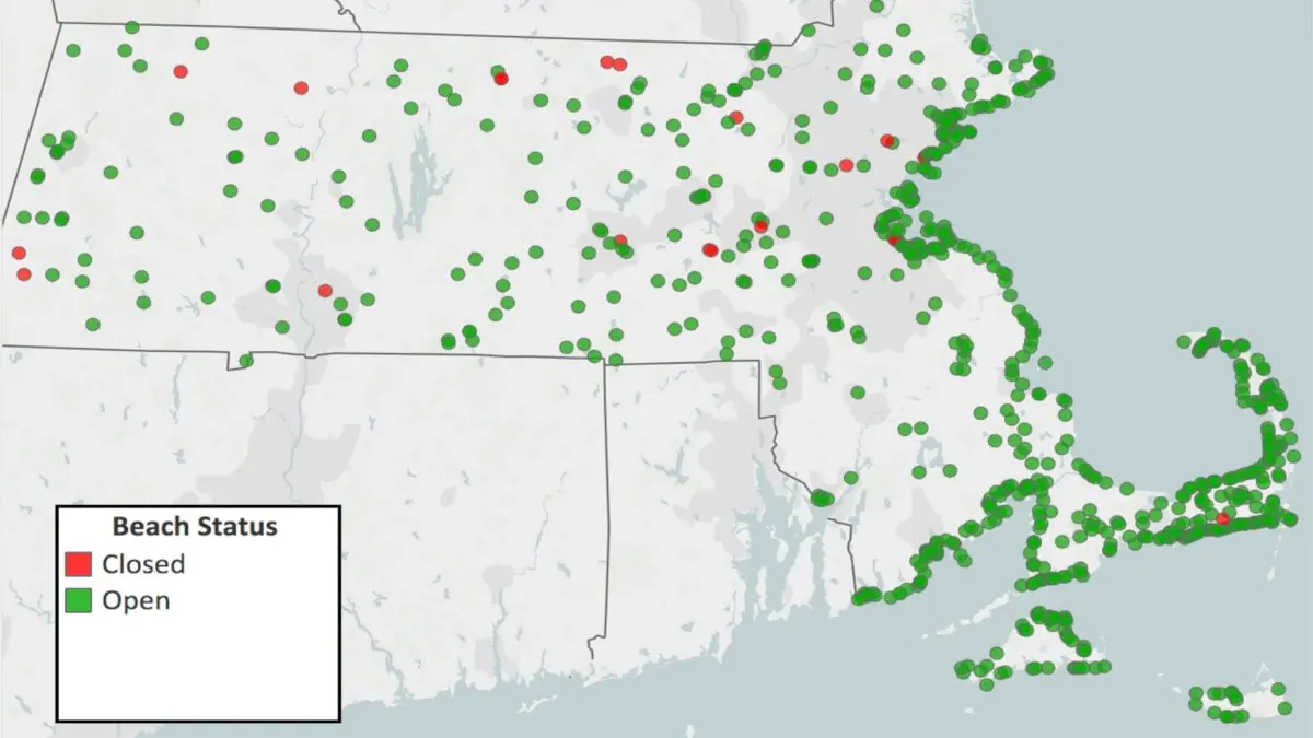 Un mapa de los cierres de playas en todo Massachusetts. (Cortesía del Departamento de Salud Pública de Massachusetts)