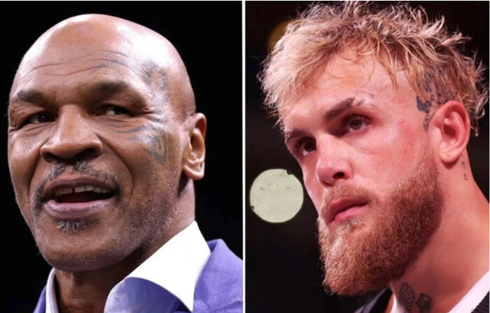 Mike Tyson el 26 de febrero de 2023 en Riad, Arabia Saudí. (Francois Nel/Getty Images); Jake Paul en el Desert Diamond Arena de Glendale, Arizona, el 29 de octubre de 2022. (Christian Petersen/Getty Images)