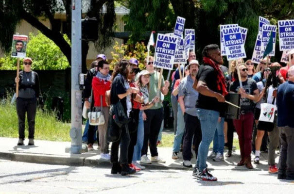 Estudiantes de posgrado de la UC Santa Cruz y otros trabajadores académicos del sindicato UAW 4811 inician una huelga en la entrada principal del campus el 20 de mayo de 2024, en Santa Cruz, California (Shmuel Thaler/The Santa Cruz Sentinel via AP).