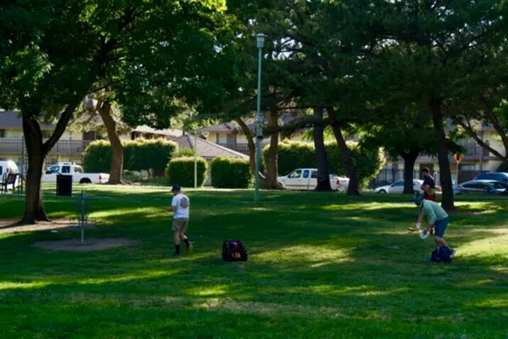 Golfistas de disco disfrutando de la liga en Reichmuth Park, en Sacramento, California, 30 de mayo de 2024. (Travis Gillmore/The Epoch Times)