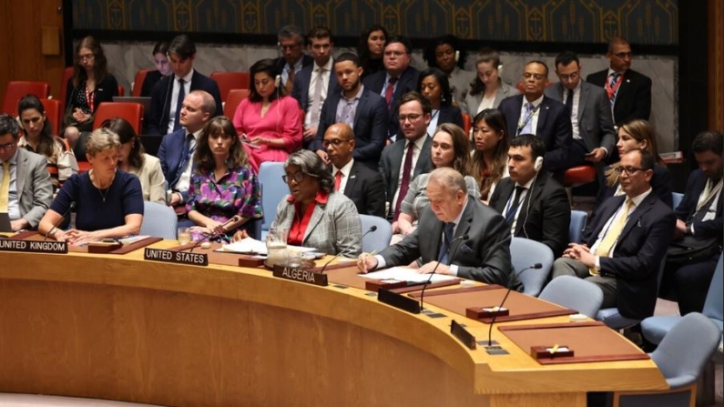 Miembros del Consejo de Seguridad de las Naciones Unidas escuchan a la representante de los Estados Unidos ante la ONU, la embajadora Linda Thomas-Greenfield, durante una reunión sobre la situación en Medio Oriente en la sede de las Naciones Unidas en Nueva York el 10 de junio de 2024. (Michael M. Santiago/Getty Images)