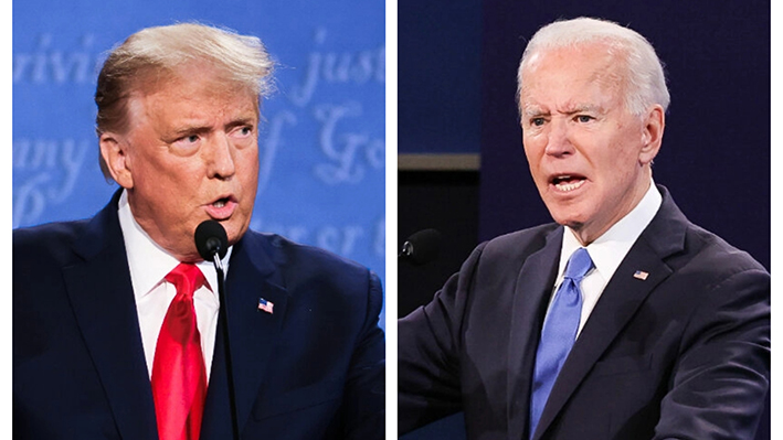 (Izquierda) El presidente Donald Trump participa en un debate presidencial en Nashville, Tennessee, el 22 de octubre de 2020. (Derecha) El candidato presidencial demócrata Joe Biden participa en un debate presidencial en Nashville, Tennessee, el 22 de octubre de 2020. (Justin Sullivan, Chip Somodevilla/Getty Images)