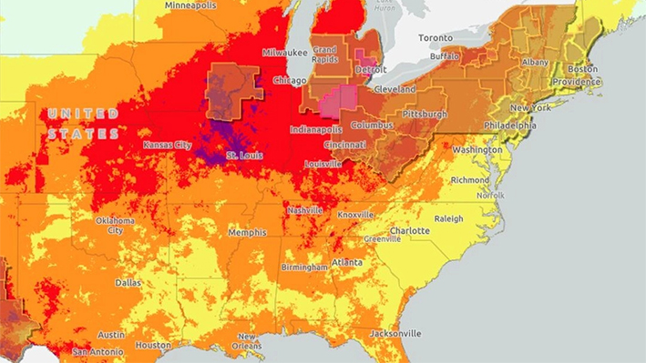 Un mapa del Servicio Meteorológico Nacional muestra las temperaturas en el este de EE. UU. el lunes 17 de junio de 2024, (Heat.gov via The Epoch Times)