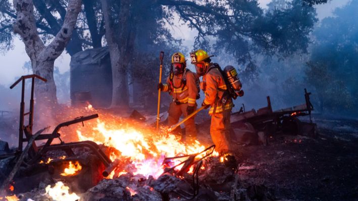 Los bomberos extinguen una dependencia en llamas mientras el Incendio Point se extiende a lo largo de West Dry Creek Rd. en Healdsburg, California, el domingo 16 de junio de 2024. (AP Photo/Noah Berger)
