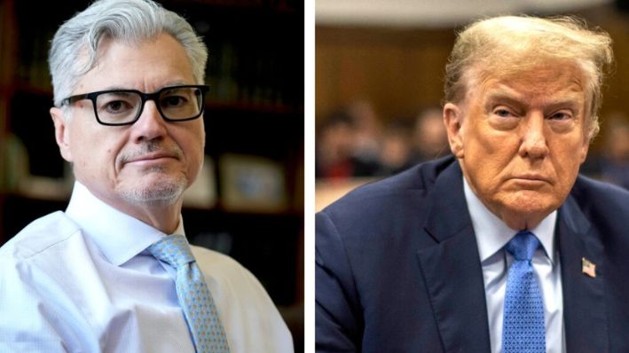 (Izq.) El juez Juan M. Merchán, el 14 de marzo de 2024. (Der.) El expresidente Donald Trump, el 26 de abril de 2024. (Seth Wenig/AP Photo; Dave Sanders/Pool vía Getty Images)