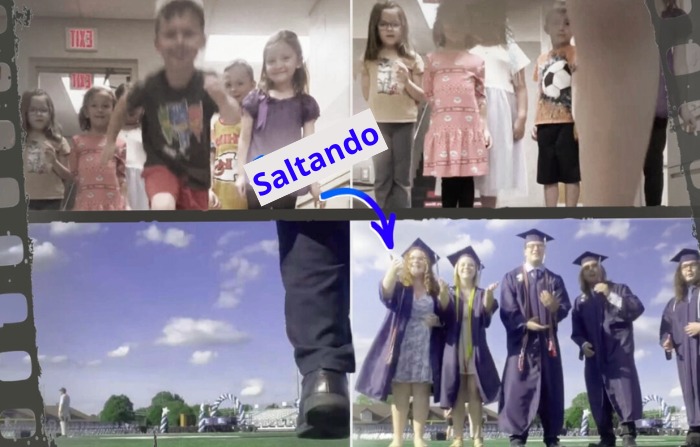 Una captura de pantalla de un video publicado en las redes sociales por las escuelas de la ciudad de Louisville muestra a los estudiantes dando un salto simbólico para graduarse. (Cortesía de las escuelas de la ciudad de Louisville (Louisville, OH))