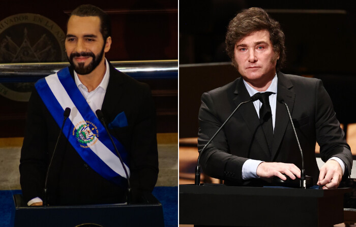 (Izq.) El presidente de El Salvador, Nayib Bukele y el presidente argentino Javier Milei (dcha.). (Alex Peña/Tomas Cuesta/Getty Images)