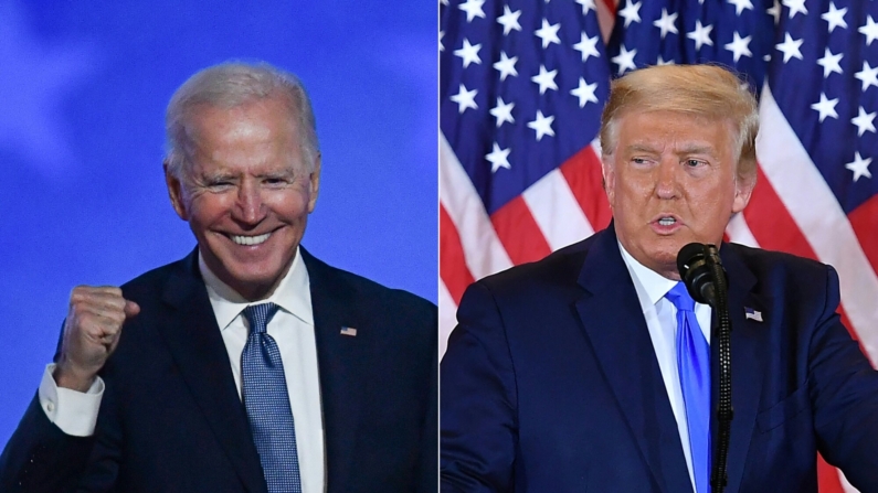 Imagen de archivo: Esta imagen compuesta muestra al candidato presidencial demócrata Joe Biden después de hablar durante la noche electoral en el Chase Center en Wilmington, Delaware, y al presidente de los Estados Unidos, Donald Trump, hablando durante la noche electoral en la Sala Este de la Casa Blanca en Washington, D.C., en la madrugada del 4 de noviembre de 2020. (ANGELA WEISSMANDEL NGAN/AFP via Getty Images)