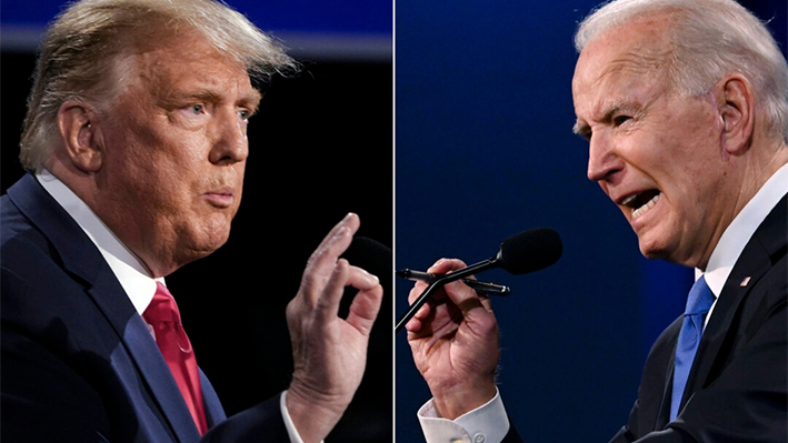 El presidente Donald Trump (izq.) y el candidato presidencial demócrata Joe Biden durante el último debate presidencial en la Universidad Belmont en Nashville, Tennessee, el 22 de octubre de 2020. (Brendan Smialowski y Jim Watson/AFP vía Getty Images)