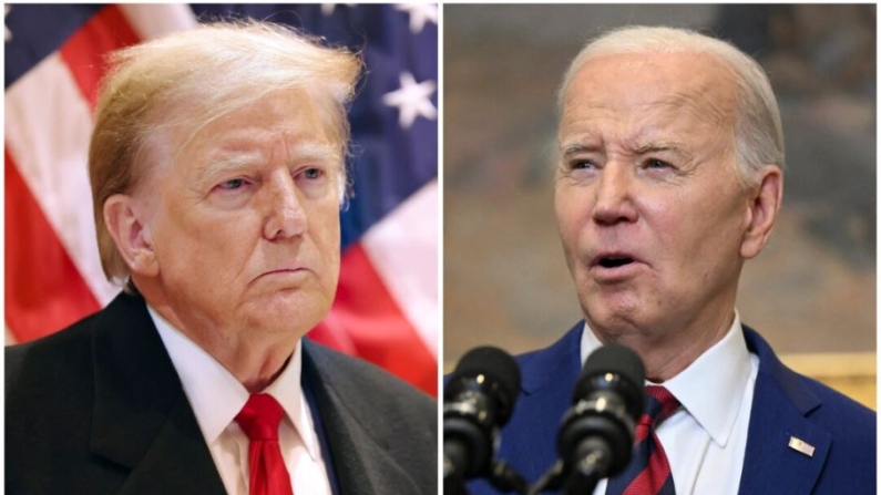 (Izquierda) El expresidente Donald Trump en Nueva York el 25 de marzo de 2024. (Derecha) El presidente Joe Biden en la Sala Roosevelt de la Casa Blanca el 26 de marzo de 2024. (Michael M. Santiago/Getty Images; Pedro Ugarte/AFP vía Getty Images)