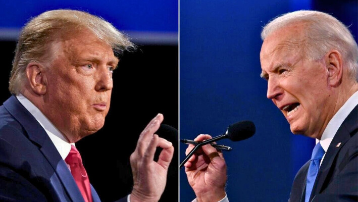 El presidente Donald Trump (izq.) y el candidato presidencial demócrata Joe Biden durante el debate presidencial final en la Universidad Belmont en Nashville, Tennessee, el 22 de octubre de 2020. (Brendan Smialowski y Jim Watson/AFP vía Getty Images)