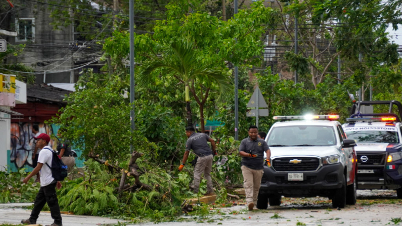 Trabajadores de Protección Civil cortan árboles derribados por las fuertes ráfagas de viento causadas por el paso del huracán Beryl en Tulum, estado de Quintana Roo, México, el 5 de julio de 2024. (Elizabeth Ruiz/AFP vía Getty Images)