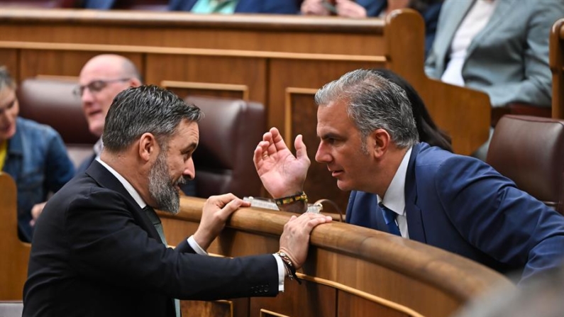 El líder de VOX, Santiago Abascal (i) conversa con el diputado de la formación, Javier Ortega Smith durante el pleno del Congreso de los Diputados, el 11 de julio de 2024. EFE/Fernando Villar