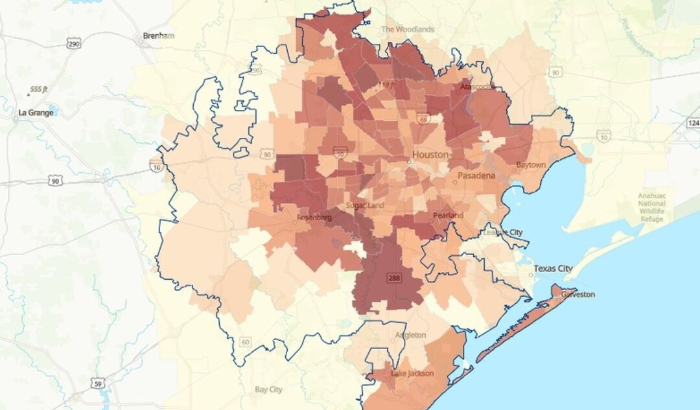 Un mapa muestra la cantidad de clientes de Houston que no tenían electricidad el viernes 12 de julio de 2024. (Mapa de Parques y Vida Silvestre de Texas a través de CenterPoint)