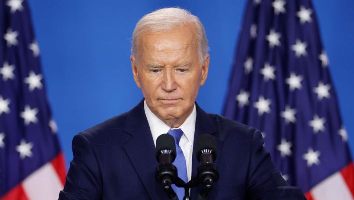 El presidente de Estados Unidos, Joe Biden, ofrece una conferencia de prensa en la Cumbre de la OTAN de 2024 el 11 de julio de 2024 en Washington, DC. (Kevin Dietsch/Getty Images)