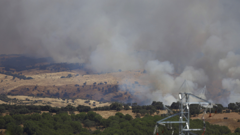 Fotografía este domingo, del incendio forestal en el campo de tiro de la base militar de Cerro Muriano (Córdoba, Andalucía). EFE/ Salas