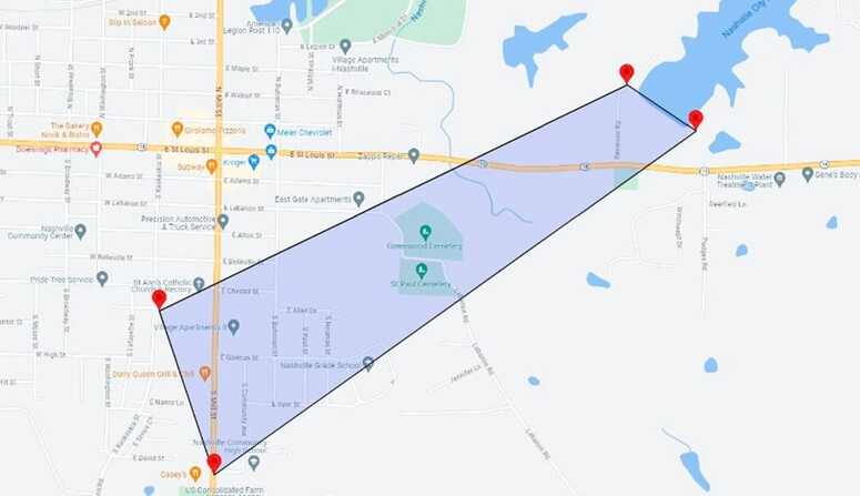 Un mapa publicado por la Agencia de Gestión de Emergencias del Condado de Washington muestra el área de evacuación ante la falla inminente de la represa, en Nashville, Illinois, el 16 de julio de 2024. (Agencia de Gestión de Emergencias del Condado de Washington)