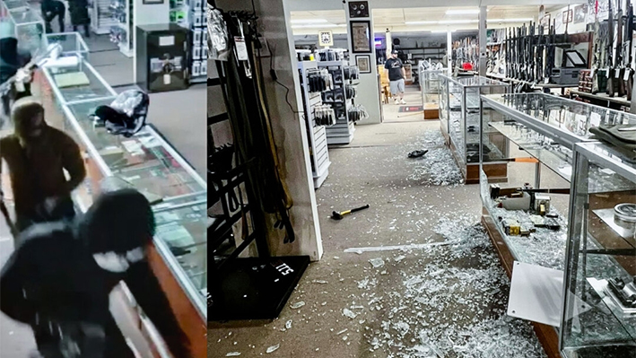 (Izquierda) Ladrones robando armas de la Sala de Armas Fowler en Orange, California, el 13 de julio de 2024. Derecha) El interior dañado de Fowler Gun Room en Orange, California, tras el robo. Cortesía de Fowler Gun Room)
