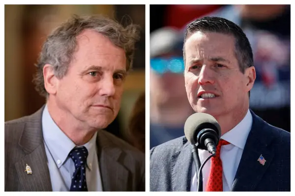 (A la izquierda) Senador Sherrod Brown (D-Ohio). Derecha) Bernie Moreno, candidato al Senado. Samuel Corum, Kamil Krzaczynski/AFP vía Getty Images)