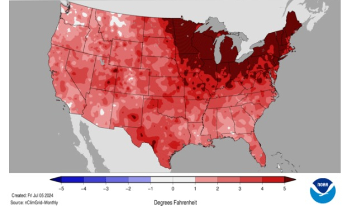 Temperaturas por encima del promedio registradas en los Estados Unidos desde enero de 2024 hasta junio de 2024 por la NOAA, creada el 5 de julio de 2024. (Captura de pantalla/NOAA)