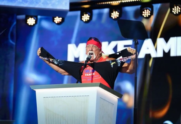 Hulk Hogan habla el último día de la Convención Nacional Republicana en Milwaukee, Wisconsin, el 18 de julio de 2024. (Madalina Vasiliu/The Epoch Times)