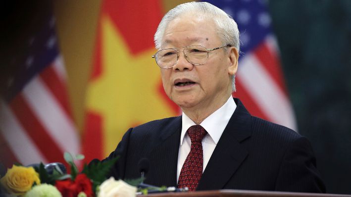 El secretario general del Partido Comunista de Vietnam, Nguyen Phu Trong, se dirige a los medios de comunicación en Hanoi, Vietnam, el 10 de septiembre de 2023. (Luong Thai Linh/Pool Photo vía AP, Archivo)