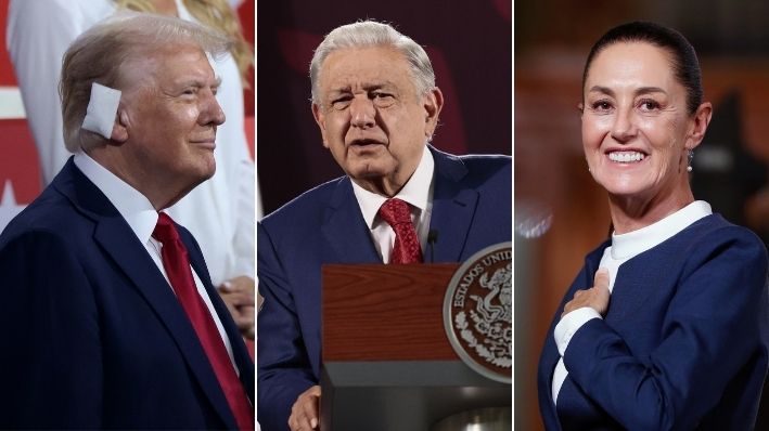 El candidato presidencial republicano, el expresidente estadounidense Donald Trump y la copresidenta del Comité Nacional Republicano, Lara Trump, observan durante el cuarto día de la Convención Nacional Republicana en el Foro Fiserv el 18 de julio de 2024 en Milwaukee, Wisconsin. (Scott Olson/Getty Images) | El presidente de México, Andrés Manuel López Obrador, durante su conferencia de prensa matutina, en Palacio Nacional, en Ciudad de México, el 19 de julio de 2024. (EFE/ José Méndez) | Imagen de archivo de la presidenta electa de México, Claudia Sheinbaum. (EFE/Sáshenka Gutiérrez)