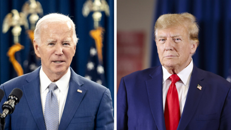 (Izq.) El presidente Joe Biden habla sobre su plan económico para el país en Raleigh, Carolina del Norte, el 18 de enero de 2024. (Der.) El expresidente Donald Trump llega a un mitin en Sioux Center, Iowa, el 5 de enero de 2024. (Eros Hoagland, Scott Olson/Getty Images)