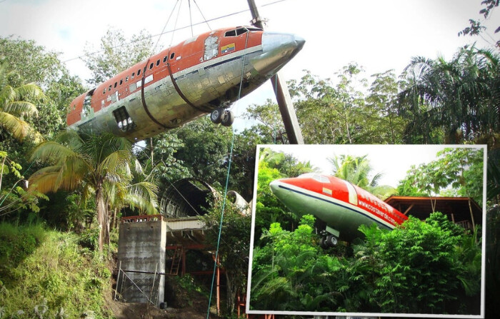 Suite con dosel en la selva, fuselaje de 727, del Hotel Costa Verde en Manuel Antonio, Costa Rica. (Ilustración de The Epoch Times, cortesía de Costa Verde)
