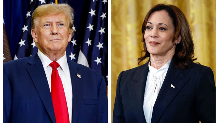 (Izquierda) El expresidente Donald Trump en Mason City, Iowa, el 05 de enero de 2024. (Derecha) La vicepresidenta Kamala Harris en la Sala Este de la Casa Blanca en Washington, el 18 de marzo de 2024. (Anna Moneymaker/Getty Images)