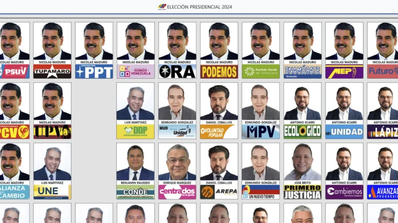 Esta imagen proporcionada por el Consejo Nacional Electoral (CNE) de Venezuela muestra la papeleta de votación para las elecciones presidenciales antes de las elecciones del 28 de julio de 2024. (CNE vía AP)