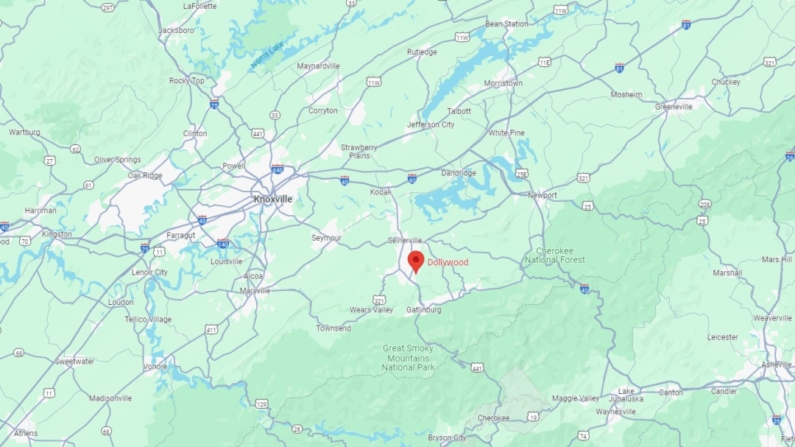 Fuertes tormentas eléctricas provocaron inundaciones repentinas en Dolly Parton's Dollywood, al este de Tennessee. (Captura de pantalla de Google Map)
