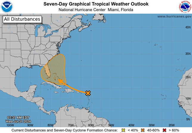 Pronóstico de 7 días del Centro Nacional de Huracanes para una onda tropical que podría convertirse en la depresión tropical Debby a partir de las 8 a.m. del 31 de julio de 2024. (Centro Nacional de Huracanes/Servicio Meteorológico Nacional)