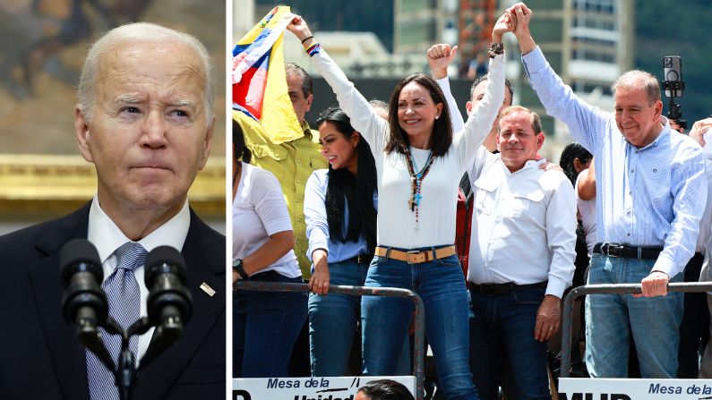 Imágenes de archivo: Izq. Presidente de los Estados Unidos Joe Biden. Der. 
Los líderes de la oposición María Corina Machado y el candidato presidencial opositor Edmundo González saludan a sus seguidores durante una protesta contra el resultado de las elecciones presidenciales el 30 de julio de 2024 en Caracas, Venezuela. (Jesus Vargas/Getty Images)