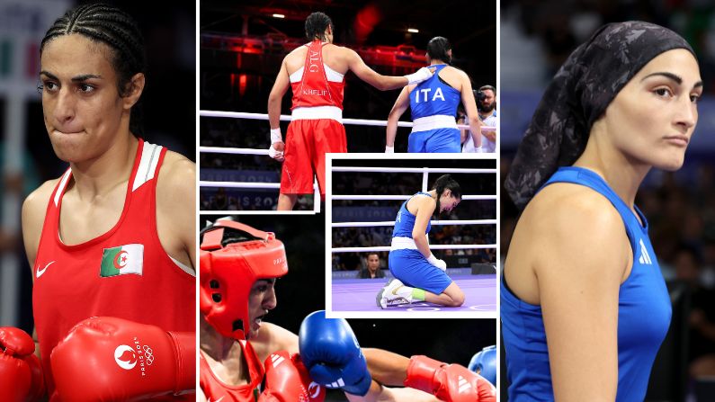 Izq. Imane Khelif del equipo de boxeo de Argelia en Olimpiadas de París 2024, foto centro y centro inferior y der. encuentro de boxeo entre  Imane Khelif y Angela Carini  de Italia, París 2024.  (Richard Pelham/Getty Images). Foto superior-centro: Imane Khelif de Argelia (de rojo) golpea a Angela Carini de Italia en el combate preliminar de octavos de final, París 2024. (MOHD RASFAN/AFP via Getty Images)